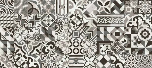 Black White Encaustic Cement Hydraulic Tiles Patchwork Wallpaper Vector Seamless — Stock Vector