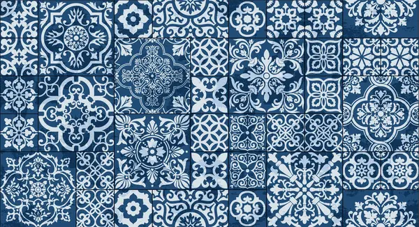 Azul Floral Vintage Cerâmica Telhas Retalhos Papel Parede Vetor Abstrato — Vetor de Stock