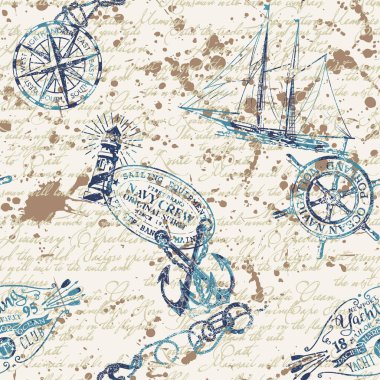 Grunge deniz ve deniz unsurları mürekkep harfli arka plan vintage vektörsüz desenli kumaş için gömlek, masa örtüsü, yastık.