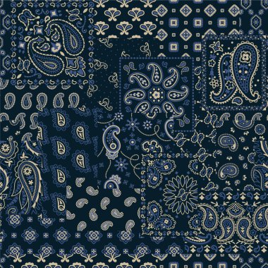 Mavi bandana mendil şal desenli yama kumaş soyut vektör eşarp gömlek kumaş halı masa örtüsü yastığı için dikişsiz desen