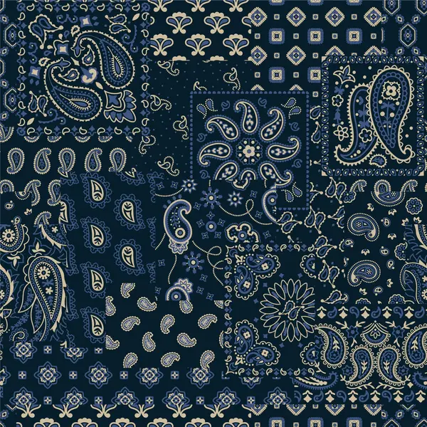 Tissu Bleu Bandana Kerchief Paisley Patchwork Motif Abstrait Vectoriel Sans — Image vectorielle