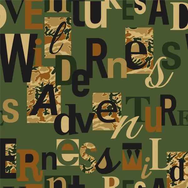 Wildnis Outdoor Abenteuer Typografie Und Camouflage Patchwork Abstrakte Vektor Nahtlose Stockillustration