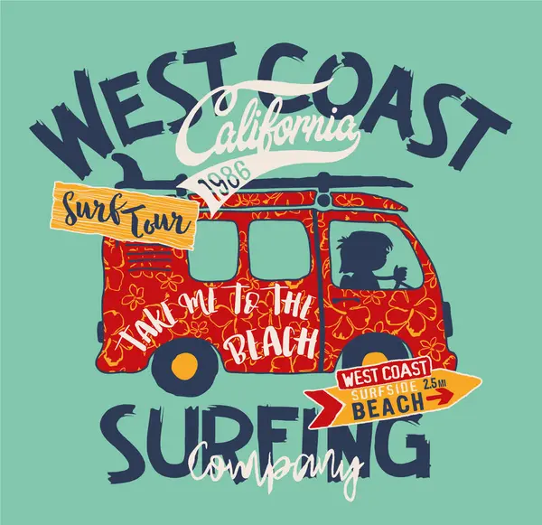 Kalifornien Westküste Surfvan Tour Abstrakte Niedliche Vektorgrafik Für Kinder Shirt Vektorgrafiken