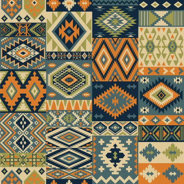 アメリカ先住民の部族の生地のパッチワークの壁紙 スカーフのカーチのシャツの生地のテーブルクロスの枕のカーペットの敷物のための抽象的なベクターの継ぎ目が無いパターン ベクターグラフィックス