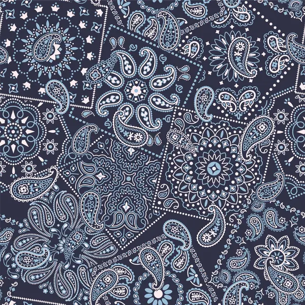 Blauwe Bandana Kerchief Paisley Stof Patchwork Abstracte Vector Naadloos Patroon Rechtenvrije Stockillustraties