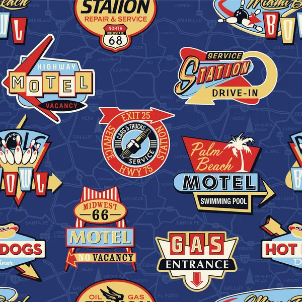 Vintage Motel Bowling Car Service Sign Board Patchwork Wallpaper Vector Vectores de stock libres de derechos