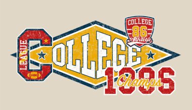 Kolej atletizm ligi şampiyonu futbol takımı çocuk tişörtü için klasik vektör baskısı nakış işlemeli grunge etkisi ayrı katmanlarda