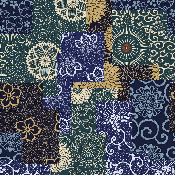 日式传统面料拼凑墙纸抽象花矢量无缝图案用于衬衫织物包装地毯桌布枕头 图库插图