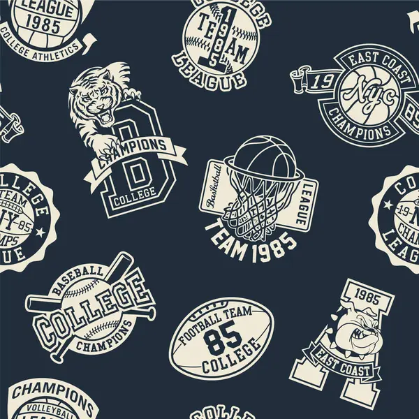 College Athletic Department Sporting Badges Patchwork Vintage Vector Seamless Pattern Векторная Графика
