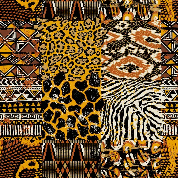 Afrykańska Tkanina Plemienna Dzikie Skóry Zwierząt Mozaika Abstrakcyjny Wektor Bezszwowy Wektor Stockowy