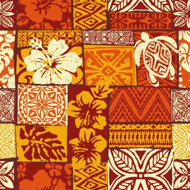 Hawaii tarzı tapa kabile kumaşı yama kağıdı soyut vintage vektör dikişsiz desen kumaş yastık yastık masa örtüsü havlusu ambalajı için