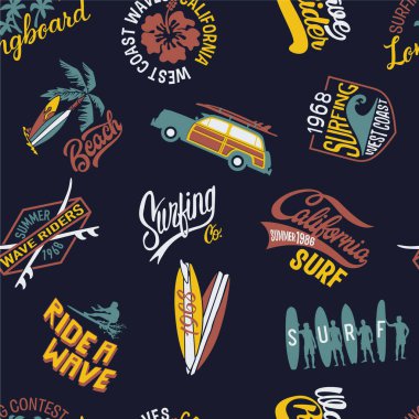Kaliforniya Batı Yakası sörf sörfçüsü elementleri ve rozetler. Erkek çocuk kumaş gömlek ve kısa yaz giysisi için klasik, dikdörtgen bir model.