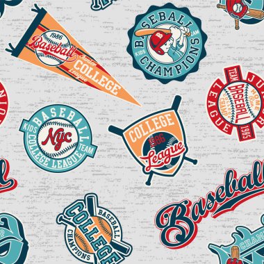 Sevimli beysbol çocukları takım elemanları ve rozetler çocuklar için soyut vintage vektör deseni kısa kumaş gömlek giyerler. 