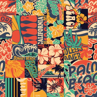 Kaliforniya yaz plajları, kumaş gömlek, plaj havlusu yastık ambalajı için grafiksel yama duvar kağıdı, vintage, dikişsiz desen.