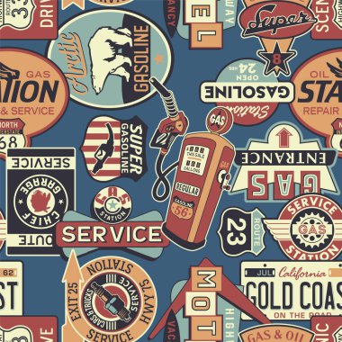 Motelin klasik benzin servisi tabelası yamalı duvar kağıdı soyut vektörsüz desen çocuk çocuklar için kumaş gömlek pijama giyer.