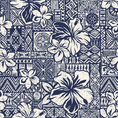 Kumaş gömlek yastık masa örtüsü havlusunu sarmak için soyut kabile vektörsüz desenli tapa kumaş arkaplanlı Hibiscus çiçeği.