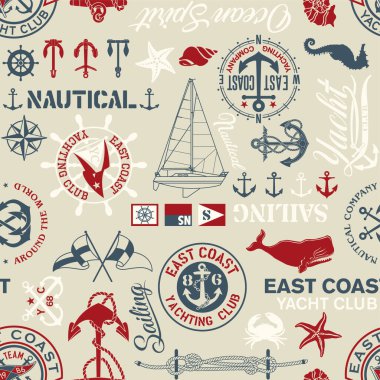 Denizcilik yelken rozeti unsurları yama işi duvar kâğıdı, klasik deniz vektörü kumaş için kusursuz desen gömlek, masa örtüsü ve yastık