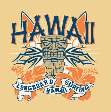 Hawaii kabilesinin sörf şirketi vektör baskısı üzerinde çiçek, tiki totem ve sörf tahtaları olan tişört için.