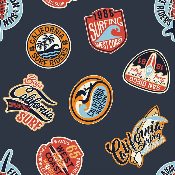 Kaliforniya batı kıyısı sörf rozetleri yama işi duvar kâğıdı vintage vektör dikişsiz desen çocuklar için sörf kumaş gömlek kısa etiket giyerler