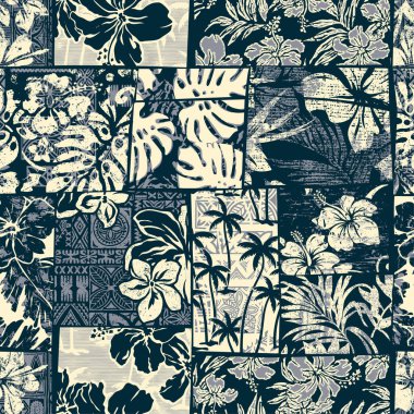 Tropik yapraklar ve amber çiçekleri soyut grunge vektörleri kumaş gömlek, masa örtüsü yastık halı için pürüzsüz desen
