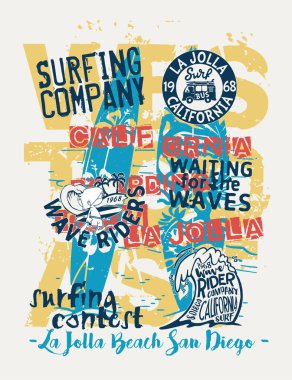 California Batı Sahili sörf takımı dalga binicileri çocuklar için şirin vektör baskısı çocuklar için plaj ve yaz kıyafetleri