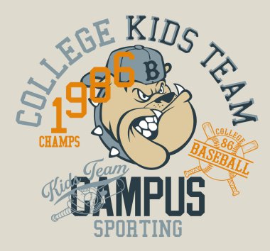 Şirin bulldog beyzbol takımı öğrencileri çocuklar için klasik vektör baskısı tişört, spor giysi.