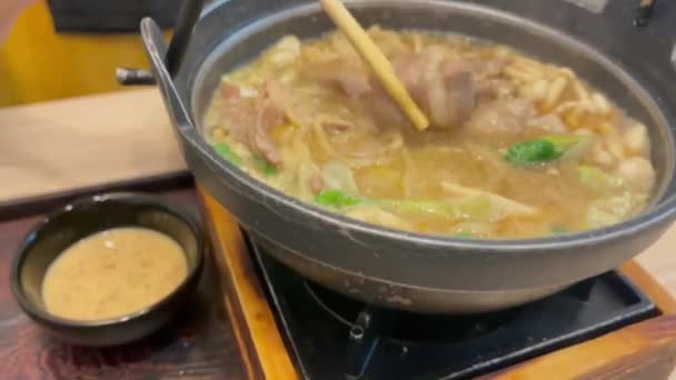 Japonez Fierbinte Pot Ramen Legume Felie Porc Imagini Secvenţe Video — Videoclip de stoc