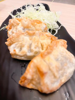 Soya soslu Japon usulü kızarmış gyoza köftesi, stok fotoğrafı.