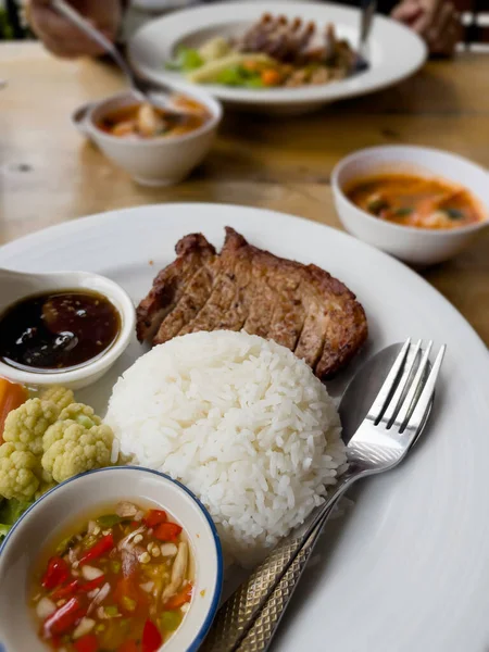 Thai Rice Local Pork Chop Steak Spicy Sauce Vegetables Stock — Stock Photo, Image