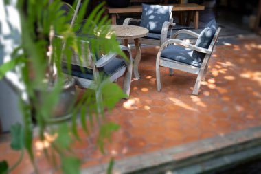 Kahve dükkanında dış tasarım ve dekorasyon mobilyası, stok fotoğrafı.