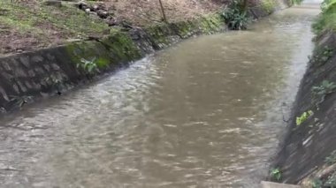 İki beton drenaj kanalından akan fırtına suyu akışı yan yol, stok görüntüleri.