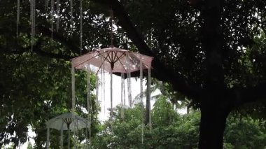 Kamu parkının içinde asılı şemsiyeler, stok görüntüleri.