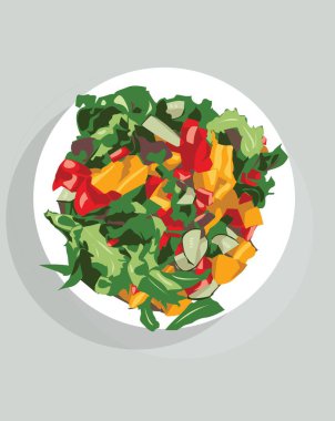 İçinde domatesler, salatalıklar, salatalıklar, yapraklar, salatalıklar, soğanlar ve otlar olan yuvarlak bir tabakta sebze salatası vektörü, sağlıklı vejetaryen yiyecekler.