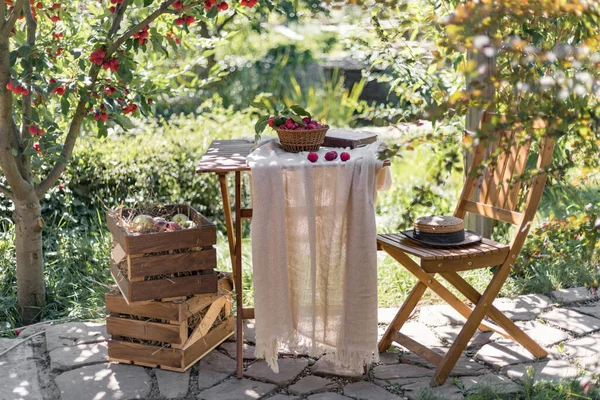 Wooden table and chairs under the apple tree. There is a basket of apples on the table. Paradise apples are bright red. Cozy place to relax. Comfortable garden furniture. Horizontal image