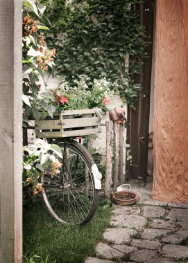 Eski bir bisikletin rafında bir kutu Provence çiçeği. Kırsal bir evin yanında elinde çiçek sepeti olan bir bisiklet duruyor. Bir dizi yaşam tarzı fotoğrafı. Dikey fotoğraf
