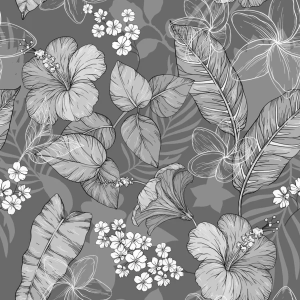 ベクトル黒と白のモノクロームの手は 熱帯の花とシームレスなパターンを描く 花のクラスタシームレスな背景 — ストックベクタ