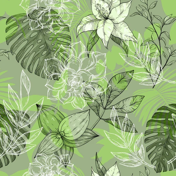 緑の夏のエキゾチックなジャングルの植物熱帯ヤシの葉 シームレスなパターン花のベクトル 自然背景 — ストックベクタ