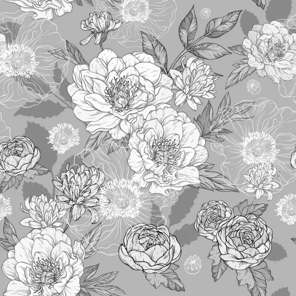 牡丹や葉 花芽とベクトルシームレスモノクロパターン ラインアート ヴィンテージグラフィック — ストックベクタ