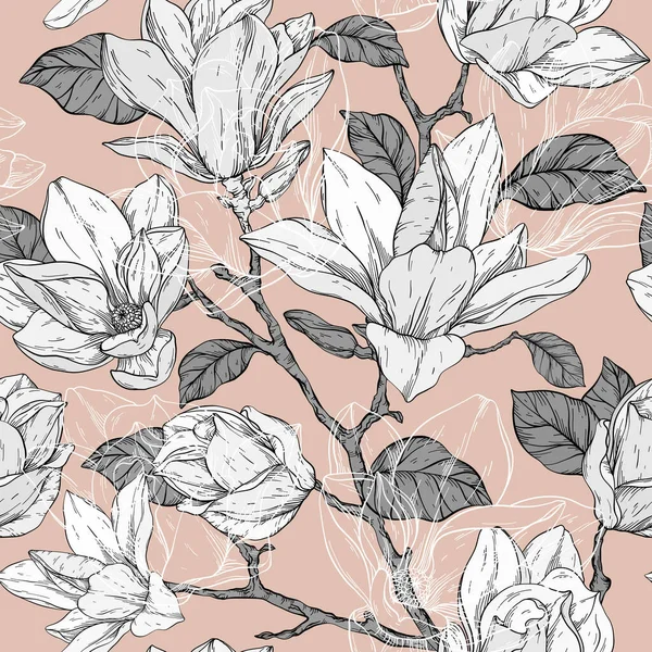 Beautiful Seamless Pattern Magnolia Flowers Plants Beige Color Palette Vector — Stock Vector