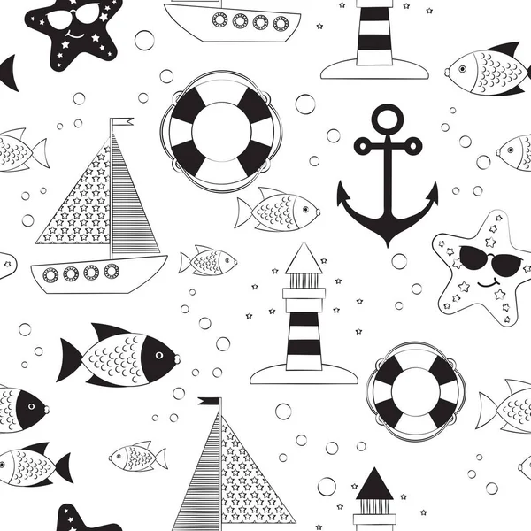 フラットなスタイルで海景とシームレスなパターン ボート アンカー 救命ブイと夏のデザイン 黒と白だ ベクターイラスト — ストックベクタ