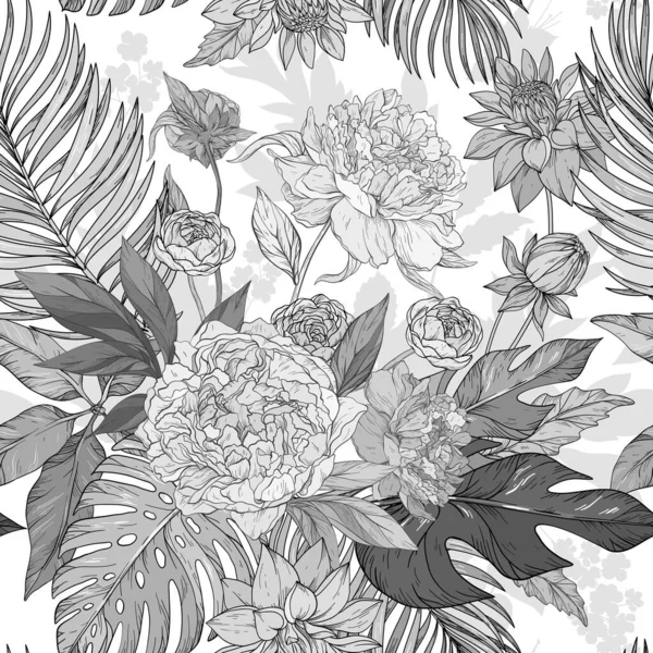 Безшовний Векторний Монохромний Візерунок Букетом Синіх Квітів Півонії Троянди Хризантеми — стоковий вектор