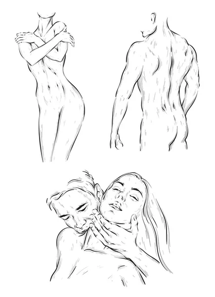 美しい女性と男性のシルエット スレンダーな体型 スケッチスタイル 白黒ベクトルイラスト — ストックベクタ