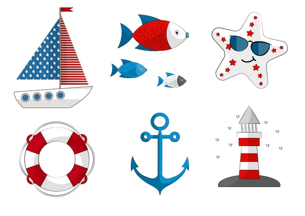 Set Sea Summer Designs Ships Lighthouse Boat Anchor Fish Lifebuoy — Stock Vector
