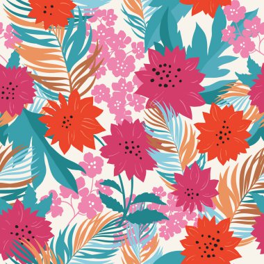 Kırmızı ve pembe çiçekli kusursuz desen, Vektör çizimi