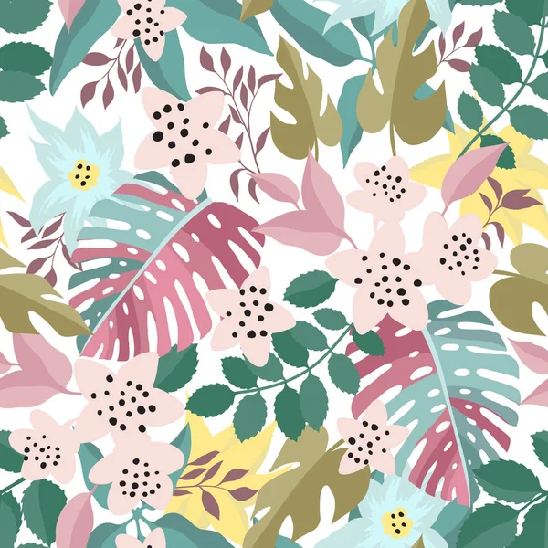 Naadloos Patroon Met Tropische Pastelbloemen Vector Illustratie — Stockvector