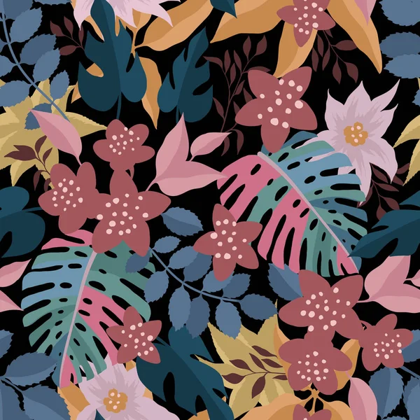 Seamless Pattern Tropical Flowers Black Background Vector Illustration — Stock Vector