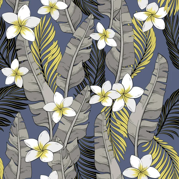 Seamless Pattern Wallpaper Tropical Gray Leaves Palm Banana Leaves Flowers — Stock Vector