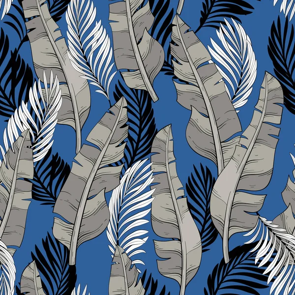 Seamless Pattern Wallpaper Tropical Gray Leaves Palm Banana Leaves Blue — Stock Vector