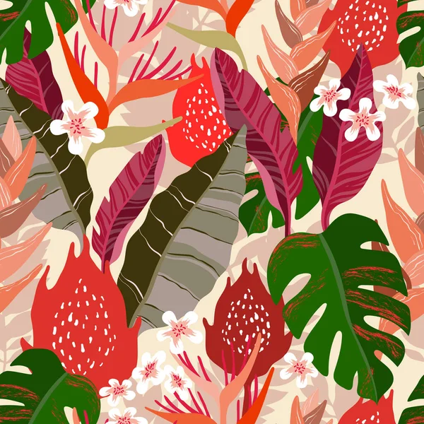Seamless Pattern Tropical Leaves Flowers Plants Vector Illustration — Stock Vector