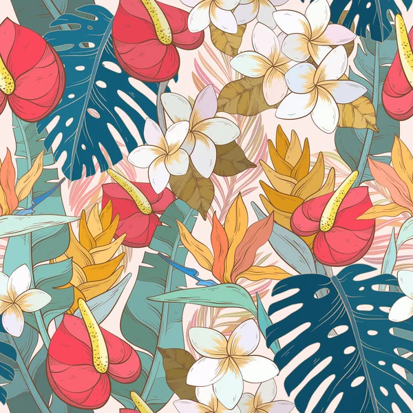Tropical Seamless Pattern Exotic Flowers Leaves Vector Elements — Stock Vector